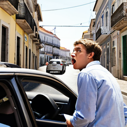 Home 4 **
* Prompt: A young driver receiving car insurance paperwork with a shocked expression, highlighting the cost. The background should show a city street scene in Portugal, implying location impacts insurance prices. Emphasize factors like age and location.
**